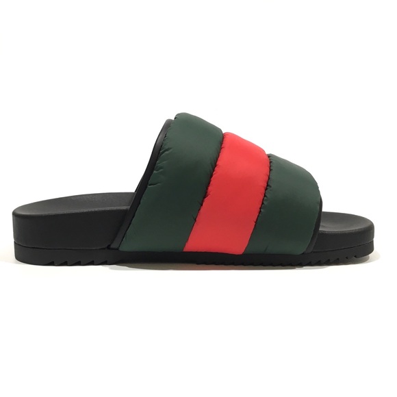GUCCI PADDED WEB SLIDE SANDALS -GREEN / RED PUFFER NYLON -WOMEN’S US 8 -NEW - Picture 4 of 7